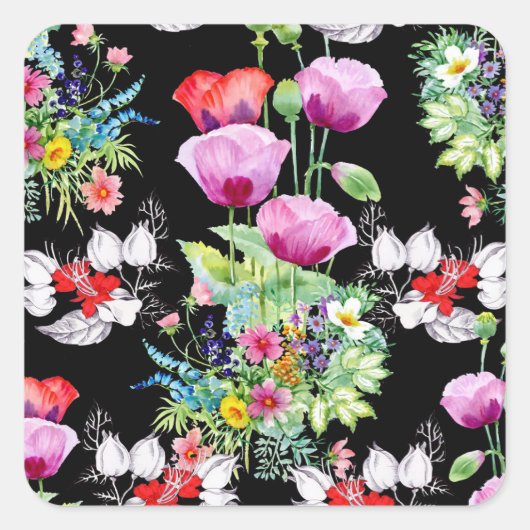 Farbenfrohe Mohnsommer-Blume Quadratischer Aufkleber (Vorderseite)