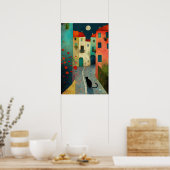 Farbenfrohe Mondnacht: Charmante Katze und Häuser Poster (Küche)