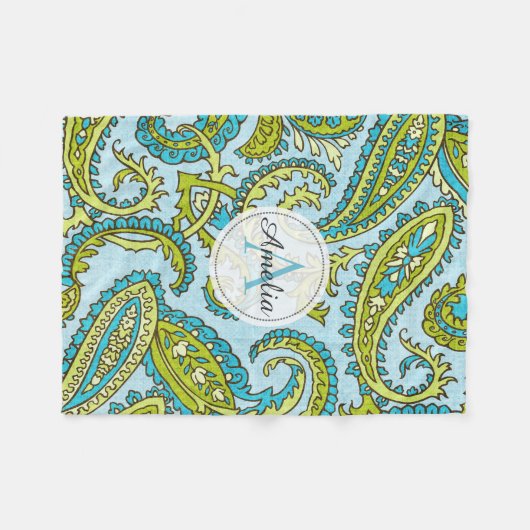 Farbenfrohe Monogram Paisley Blue Boho Chic Custom Fleecedecke (Vorderseite (Horizontal))