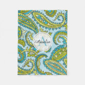 Farbenfrohe Monogram Paisley Blue Boho Chic Custom Fleecedecke (Vorderseite)