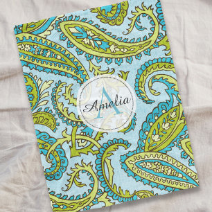 Farbenfrohe Monogram Paisley Blue Boho Chic Custom Fleecedecke