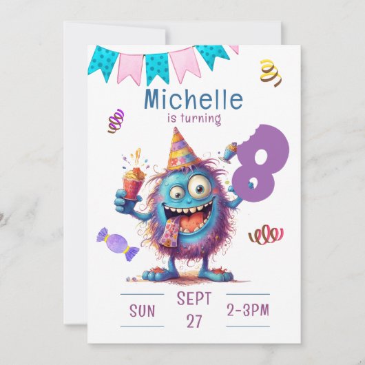 Farbenfrohe Monster achtjährig Einladung (Vorderseite)