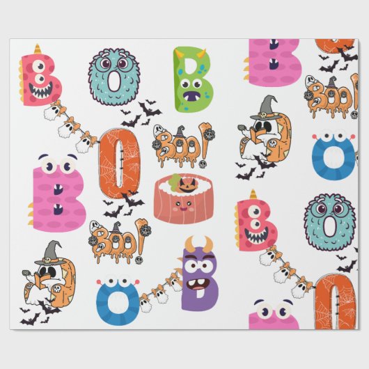 Farbenfrohe Monster "BOO" Halloween Cartoon Design Geschenkpapier (Flach)