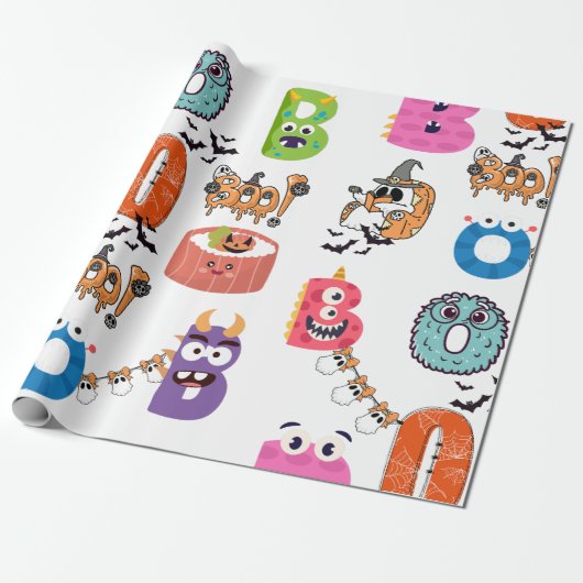 Farbenfrohe Monster "BOO" Halloween Cartoon Design Geschenkpapier (Ungerollt)