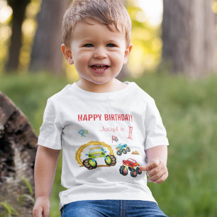 Farbenfrohe Monster-LKWs zum Geburtstag mit Namens Baby T-shirt