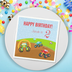 Farbenfrohe Monster-LKWs zum Geburtstag mit Namens Serviette