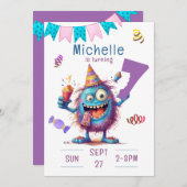 Farbenfrohe Monster Sieben Jahre Einladung zum Geb (Vorne/Hinten)