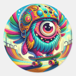 Farbenfrohe Monster Skateboarder Runder Aufkleber