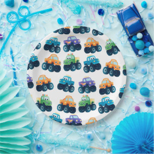 Farbenfrohe Monster Truck Muster Geburtstag Pappteller
