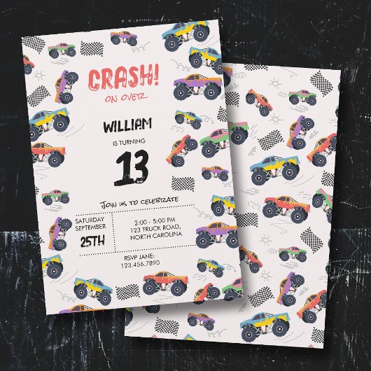Farbenfrohe Monster Trucks Racing Kindergeburtstag Einladung