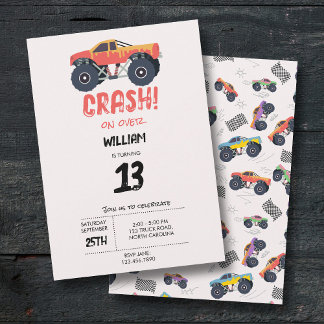 Farbenfrohe Monster Trucks Racing Kindergeburtstag Einladung