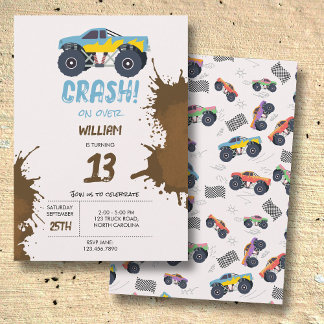 Farbenfrohe Monster Trucks Racing Kindergeburtstag Einladung
