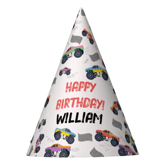 Farbenfrohe Monster Trucks Racing Kindergeburtstag Partyhütchen (Vorderseite)