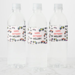 Farbenfrohe Monster Trucks Racing Kindergeburtstag Wasserflaschenetikett