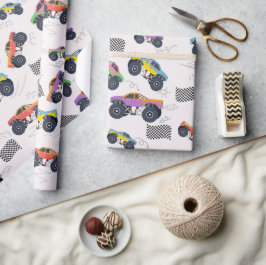 Farbenfrohe Monster Trucks Rennmuster Geschenkpapier