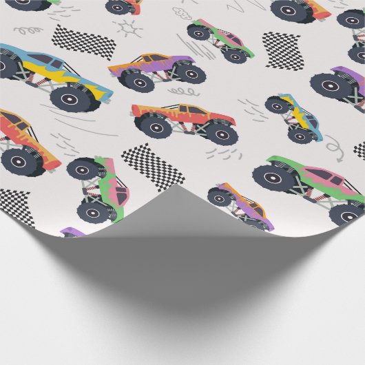 Farbenfrohe Monster Trucks Rennmuster Geschenkpapier (Ecke)