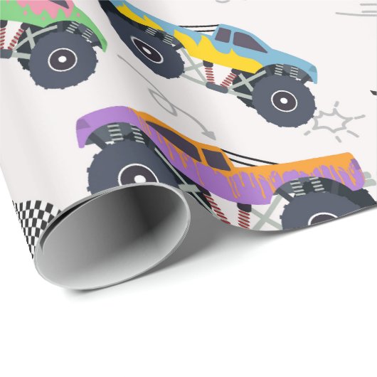 Farbenfrohe Monster Trucks Rennmuster Geschenkpapier (Rolleneckpunkt)