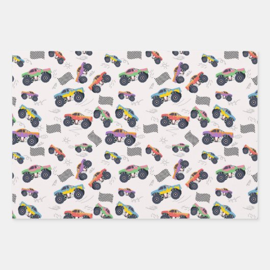 Farbenfrohe Monster Trucks Rennmuster Geschenkpapier Set (Vorderseite 3)