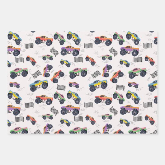 Farbenfrohe Monster Trucks Rennmuster Geschenkpapier Set (Vorderseite 2)