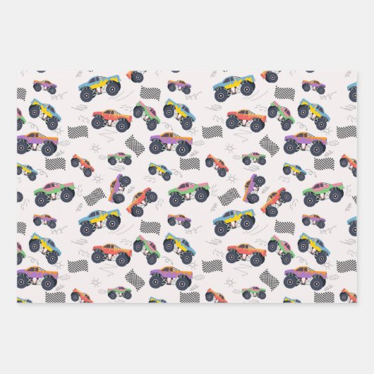 Farbenfrohe Monster Trucks Rennmuster Geschenkpapier Set (Vorderseite)
