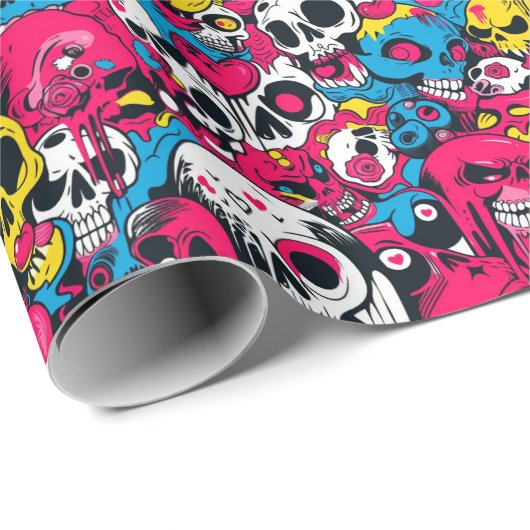 Farbenfrohe Monster und Schädel Kids Halloween Geschenkpapier (Rolleneckpunkt)