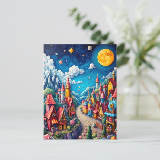 Farbenfrohe Moonlit Candy Land & Magical Village Postkarte (Stehend Vorderseite)