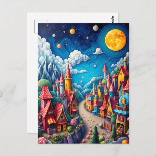 Farbenfrohe Moonlit Candy Land & Magical Village Postkarte (Vorne/Hinten)