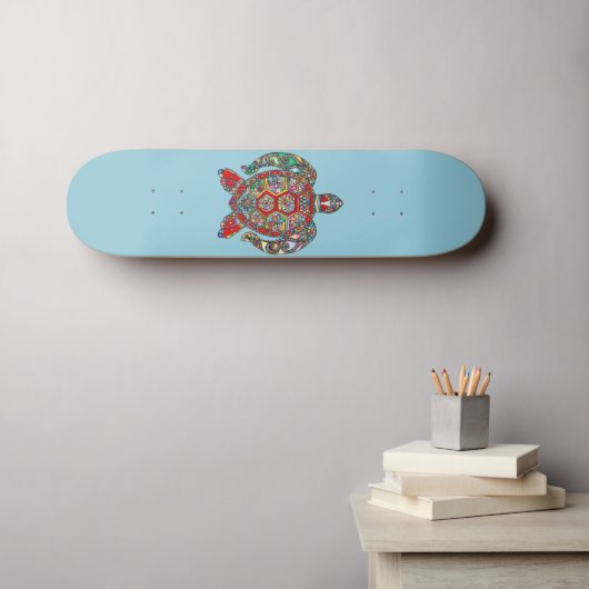 Farbenfrohe Mosaikschildkröte auf Sea Blue Skate D Skateboard (Wandkunst (Horz))
