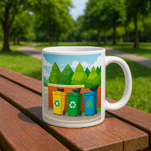 Farbenfrohe Mülltrennung mit Recyclingbehältern Kaffeetasse