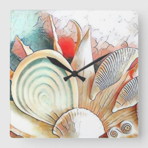Farbenfrohe Muscheln am Strand Aquarellmalerei Quadratische Wanduhr