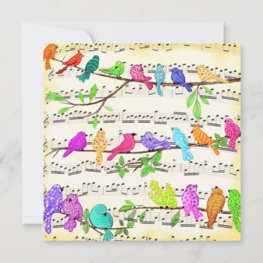 Farbenfrohe Musical Birds Happy Birthday Card (Rückseite)
