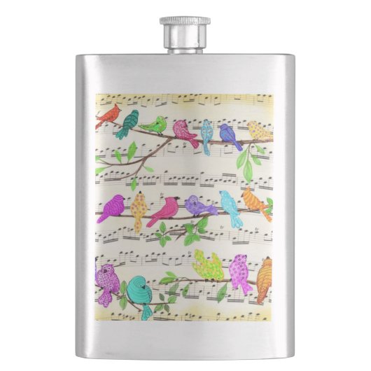 Farbenfrohe Musical Birds Symphony Flask Flachmann (Vorderseite)