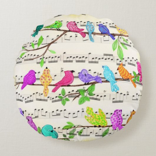Farbenfrohe musikalische Vögel Rundkissenfrühling Rundes Kissen (Vorderseite)