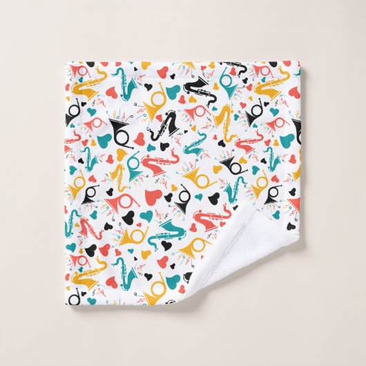 Farbenfrohe Musikinstrumente Note & Herz Muster Badhandtuch Set (Waschlappen)