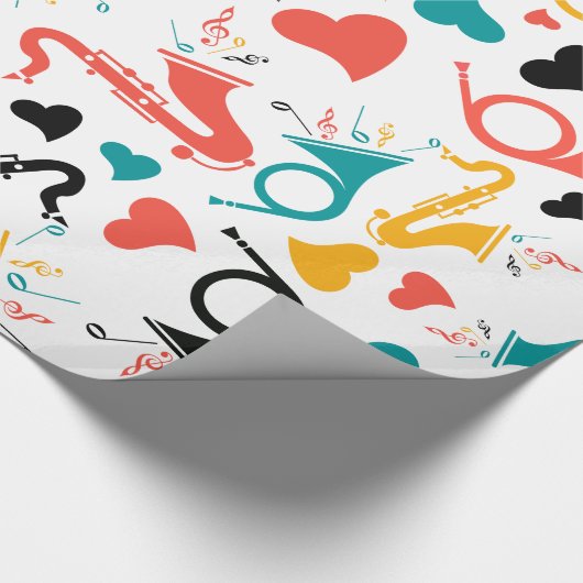 Farbenfrohe Musikinstrumente Note & Herz Muster Geschenkpapier (Ecke)