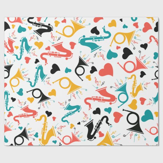 Farbenfrohe Musikinstrumente Note & Herz Muster Geschenkpapier (Flach)