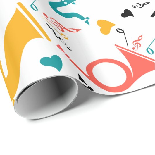 Farbenfrohe Musikinstrumente Note & Herz Muster Geschenkpapier (Rolleneckpunkt)