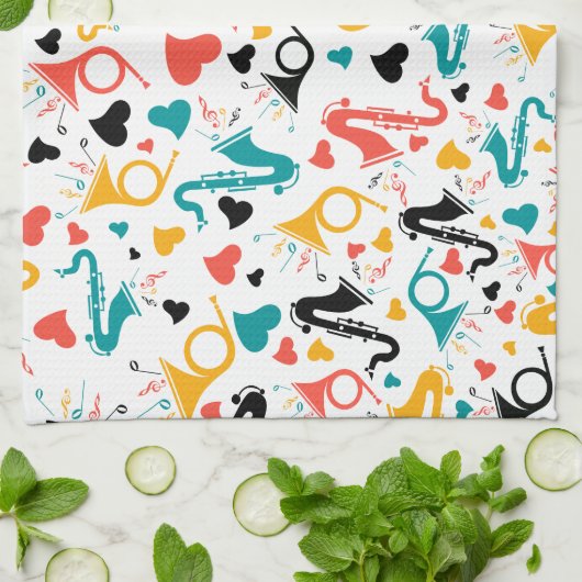 Farbenfrohe Musikinstrumente Note & Herz Muster Geschirrtuch (Gefaltet)