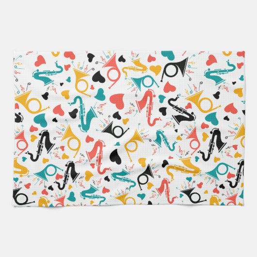 Farbenfrohe Musikinstrumente Note & Herz Muster Geschirrtuch (Horizontal)