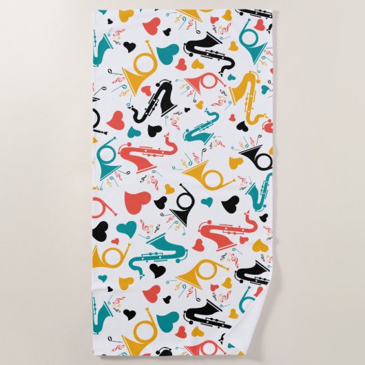 Farbenfrohe Musikinstrumente Note & Herz Muster Strandtuch (Vorderseite)