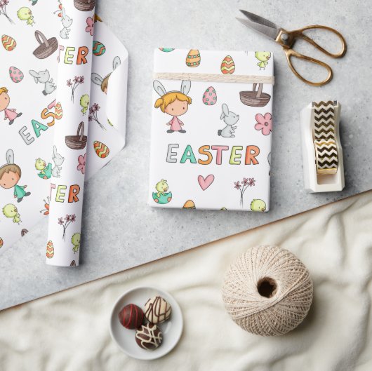 Farbenfrohe Muster Bunnies Eier Kinder Ostern Geschenkpapier (Kunsthandwerk)