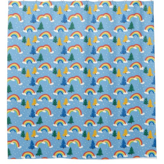 Farbenfrohe Muster mit Regenbogen und Bäumen Duschvorhang (Vorderseite)