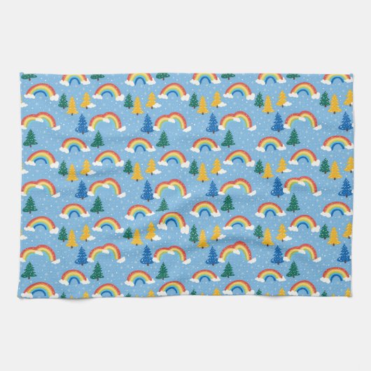 Farbenfrohe Muster mit Regenbogen und Bäumen Geschirrtuch (Horizontal)