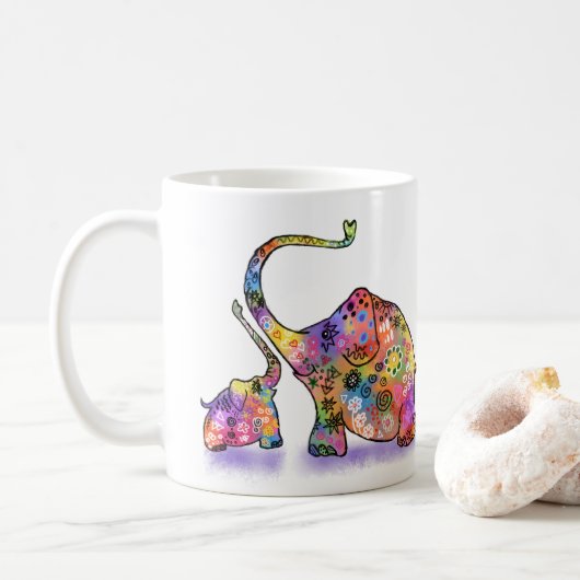 Farbenfrohe Mutter und Baby Elephant Tasse (Mit Donut)