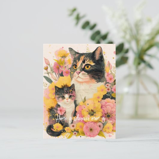 Farbenfrohe Mutterkatze und Kitten Postkarte für M (Stehend Vorderseite)