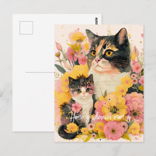 Farbenfrohe Mutterkatze und Kitten Postkarte für M (Vorne/Hinten)