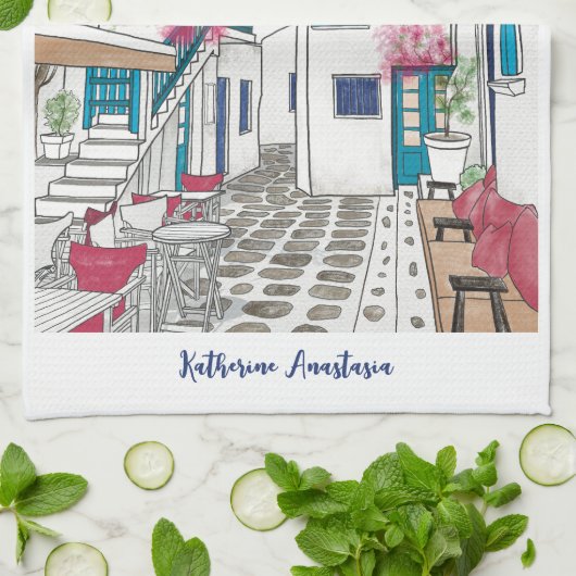 Farbenfrohe Mykonos Griechenland Personalisiert Geschirrtuch (Gefaltet)