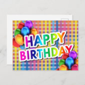 Farbenfrohe Mylar Balloons GLÜCKLICH GEBURTSTAG Postkarte (Vorne/Hinten)
