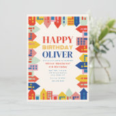 Farbenfrohe Nachbarschaft Kinder zum Geburtstag Einladung (Stehend Vorderseite)