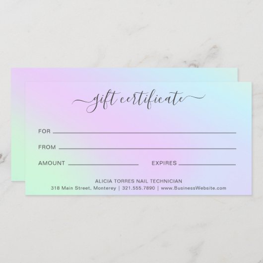 Farbenfrohe Nagelsalon Holographic Gift Certificat (Vorne/Hinten)